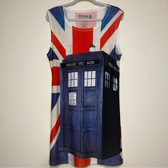 HER UNIVERSE Doctor Who Tardis Union Jack 60s Flag Slip Dress - Picture 2 of 6